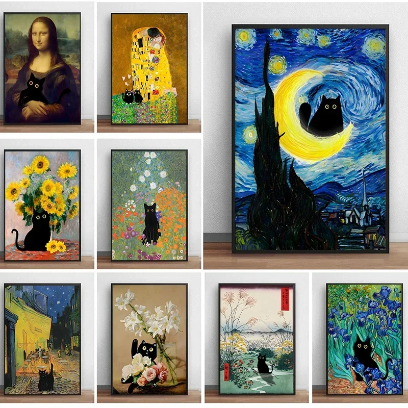 Famous Paintings Mona Lisa Starry Night With Funny Black Cat Poster Canvas Painting Sunflower Reproduction Wall Art Home Decor