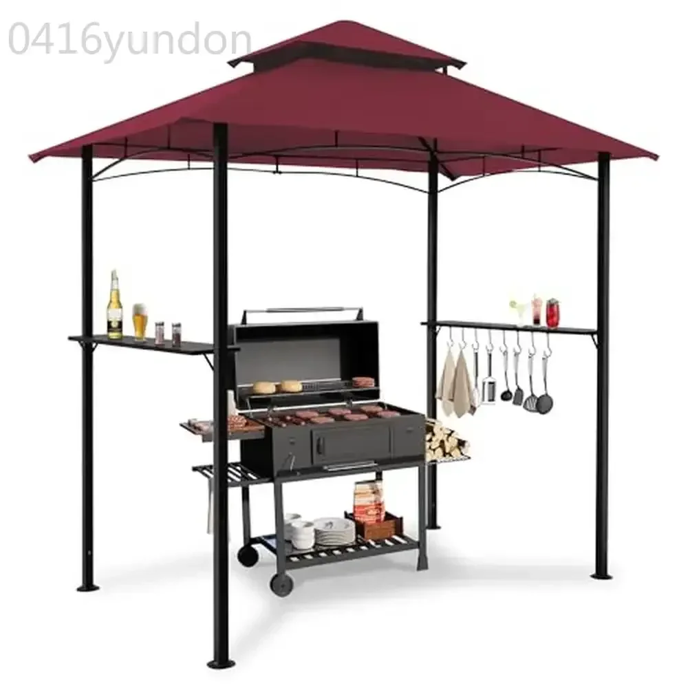 

Double Tiered Grill Gazebo Canopy with LED Lights & Storage Shelves Sturdy Steel Frame Easy Assembly Ideal Outdoor Cooking