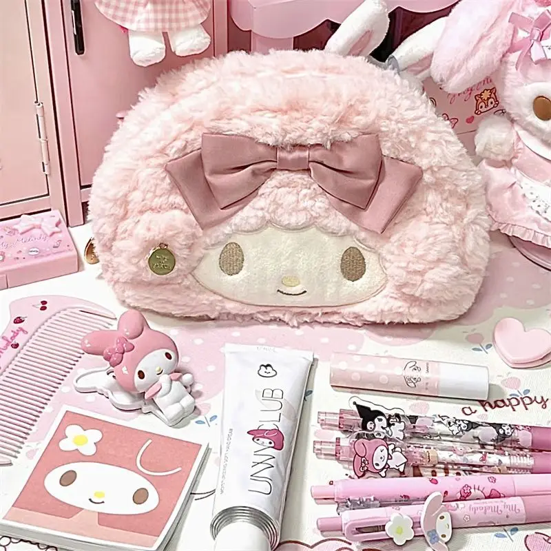 Kawaii Sanrio Piano Plush Pencil Bag Cartoon Bowknot Writing Case Pink Small Sheep Large Capacity Stationery Box Birthday Gifts