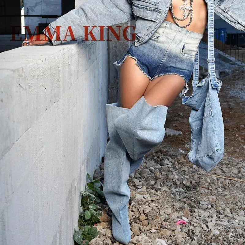 الدنيم الفخذ العليا خنجر الأحذية مثير أشار تو فوق الركبة الانزلاق على أحذية مثير النساء الخريف الشتاء فستان الحفلات الأحذية الأحذية