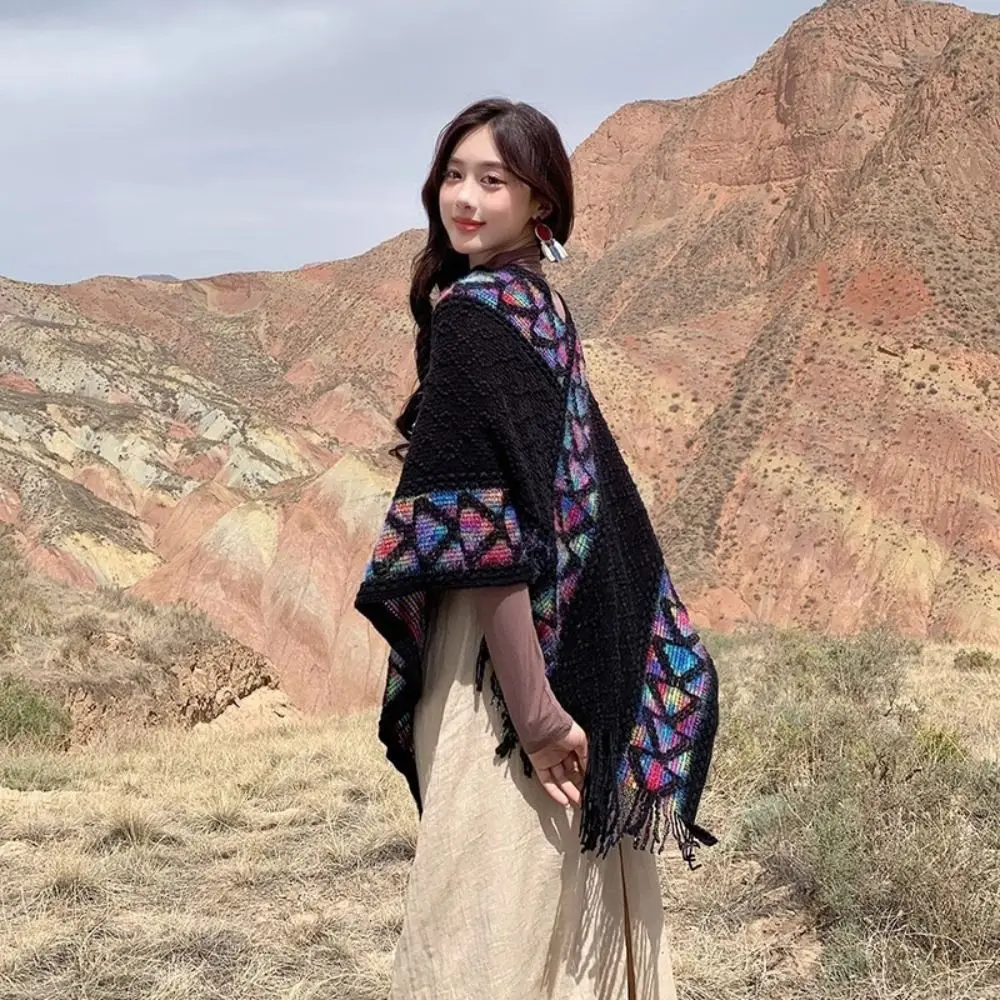 

Модный вязаный пуловер в этническом стиле, шаль, зимняя теплая элегантная шаль в ромбическую полоску с кисточками, накладки на пальто для женщин