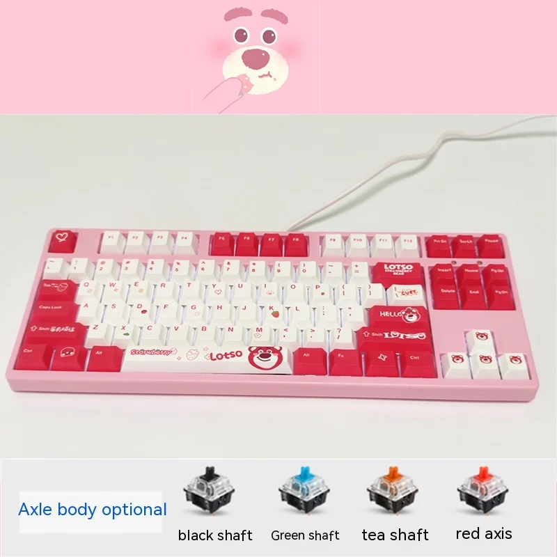 Kawaii Disney Strawberry Bear 104 Mechanical Keyboard Hot Swap 87 White Green Shaft Black Tea Wired Hot Swap Mechanical Keyboard