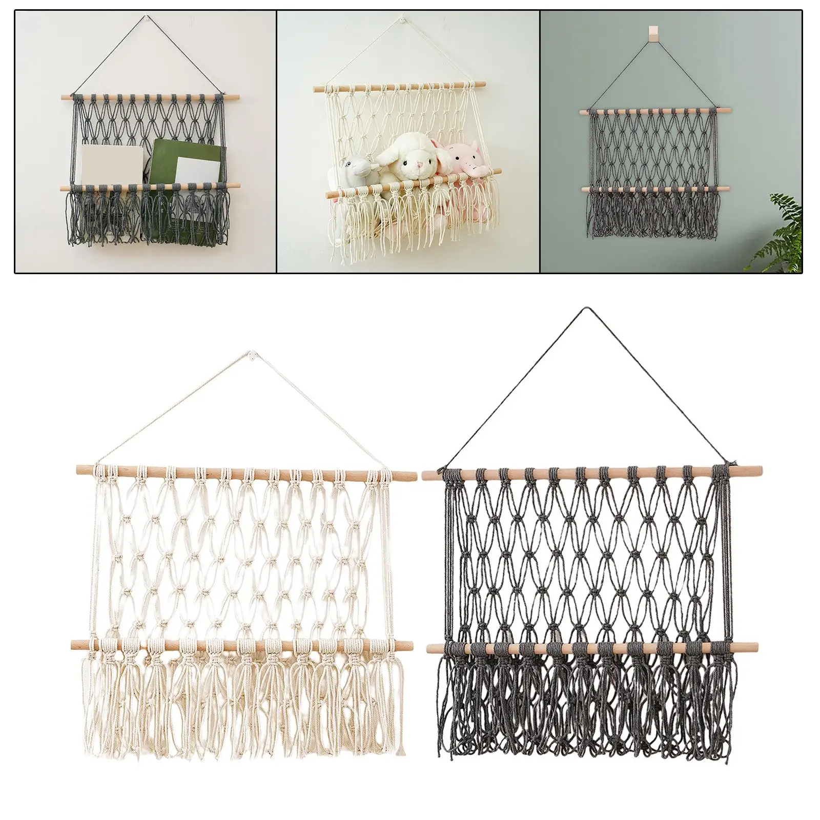 Rustic Tassel Wall Hanging Organizer Tapestry Handmade Kids Plush Toy Storage Holder Macrame Wall Organizer for Nursery Bathroom