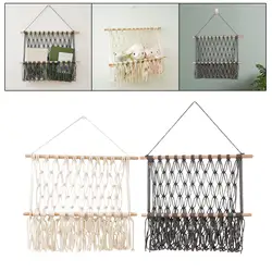 Organizador colgante de pared con borlas rústicas, tapiz hecho a mano, soporte de almacenamiento de juguetes de felpa para niños, organizador de pared de macramé para guardería y baño