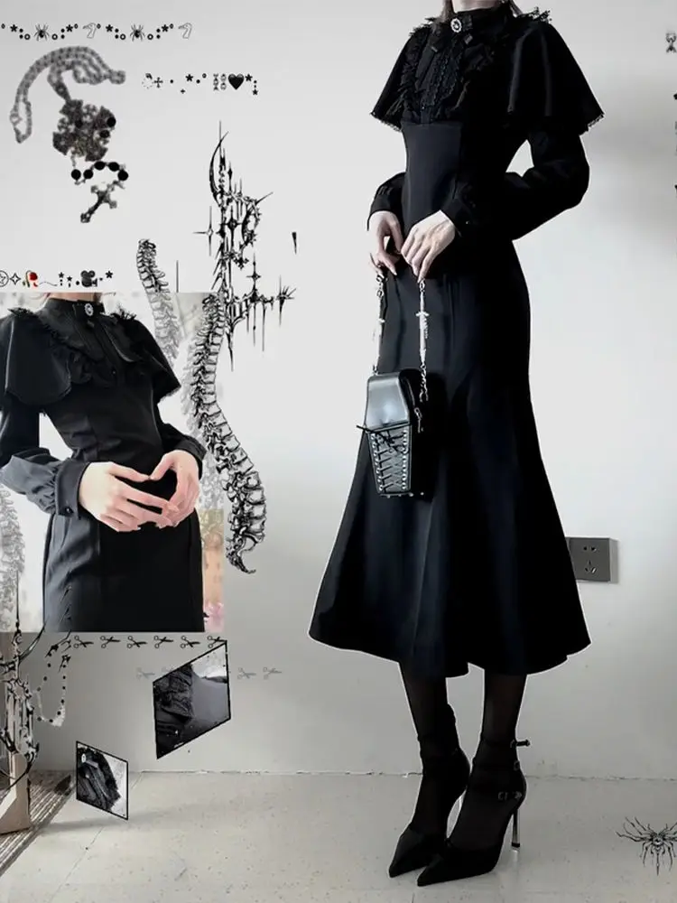 Halloween Vampire sous-culture Style gothique foncé à manches longues robe cape femmes automne Y2k mode moulante sirène longue robe 2025