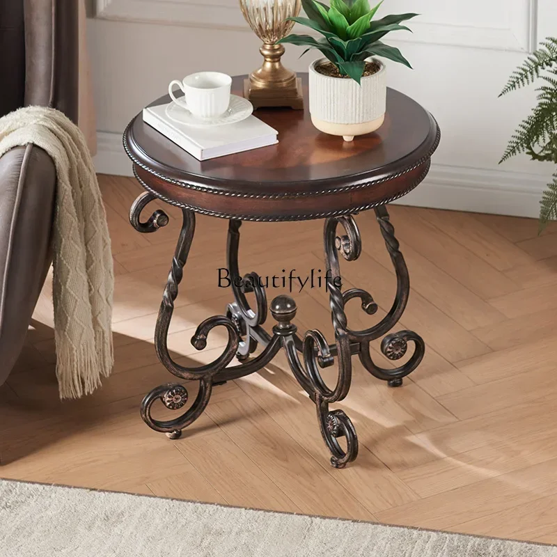

yj21 American Style Side Table Sofa Round Table Solid Wood Iron Legs Vintage Leisure
