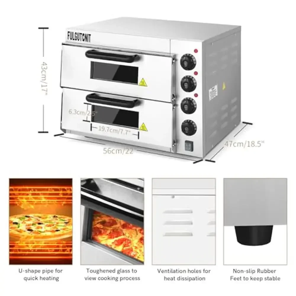 Forno elétrico comercial de pizza, aço inoxidável, 16 ", bancada, fabricante de pizza com pedra, fácil controle de temperatura, temporizador e 20l