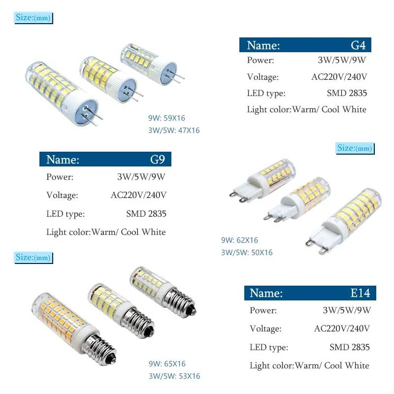 10pcs/lot E14 G4 G9 LED Bulb AC 220V 230V 3W 5W 9W Corn Lamp LED Spotlight Replace 30W 40W 60W Halogen Chandelier Light