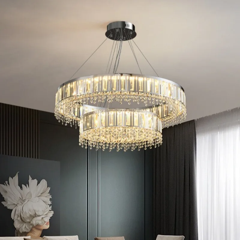 

New crystal pendant light luxury double-layer circle restaurant light Italian style hall main light villa stainless steel