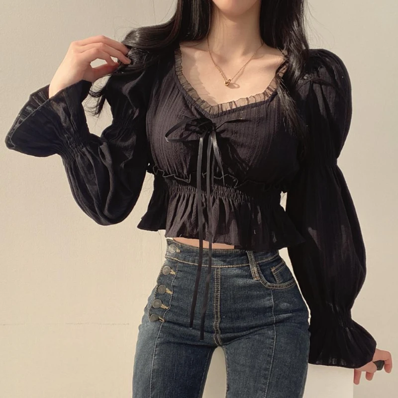 Puff Sleeve Blouses Women Gentle Sweet Spring Office Lady Solid Cropped Slim Vintage O-neck Lace-up French Style Fashion Blusas