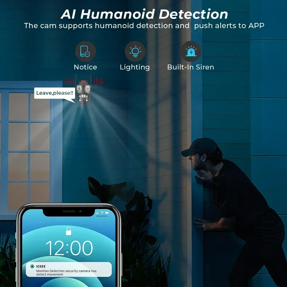 Con alarma de luz de policía, cámara de seguridad de visión nocturna, 12MP, 6K, tres lentes, Wifi, cámara de vigilancia, tres pantallas, cámara IP PTZ