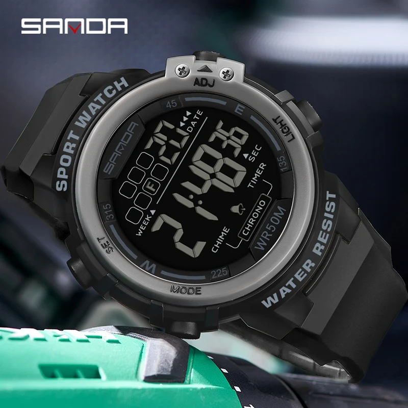 SANDA 2140 Men's Multifunction Digital Watch, 5‑Bar Waterproof Outdoor Sports Wristwatch With Alarm Clock & Chronograph