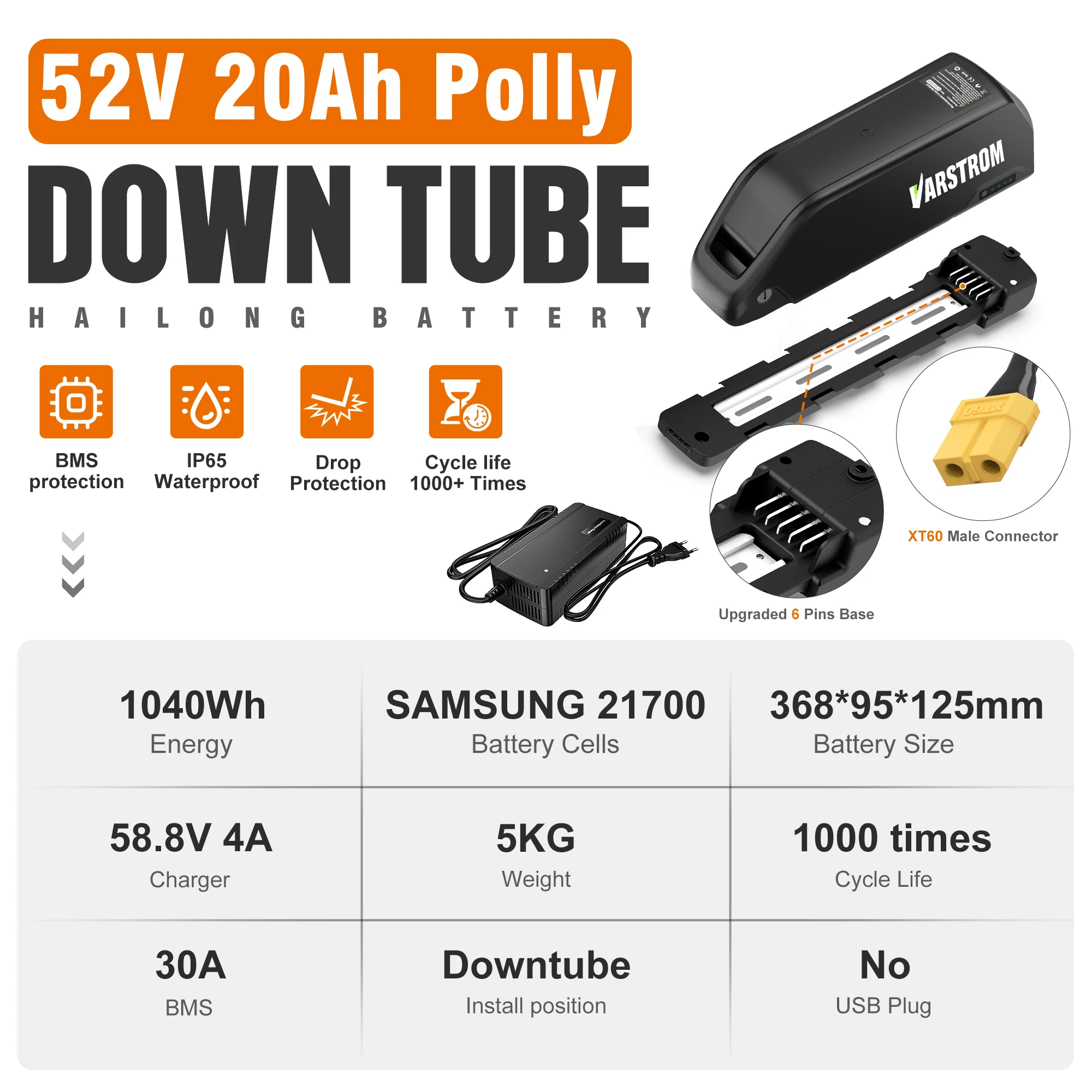 Varstrom 48V 20AH 52V 36V 30AH Ebike Batterij Hailong Max 40A 50A BMS 500W 750W 1500W Elektrische Scooter 21700 Lithium Cel