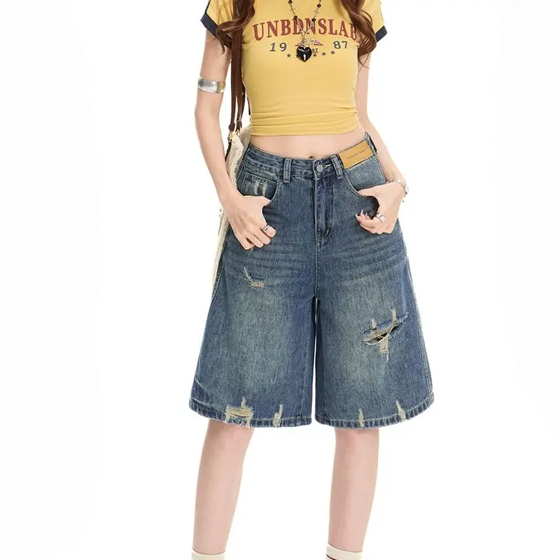 Women's American High Street Ripped Wide Leg Denim Shorts Y2K Summer High Waist Casual Curved Knife Knee Length Jeans