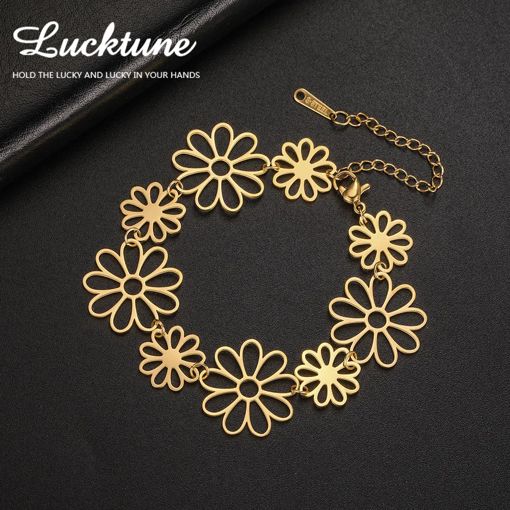 Lucktune Trendy Daisy Flower Bracelets for Women Girls Stainless Steel Sweet Aesthet Flower Charm Bracelets Jewelry Wedding Gift