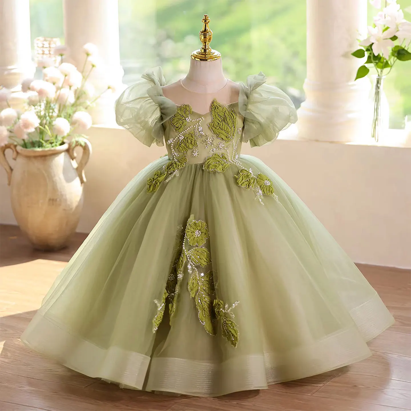 

Dreamy Vow D123 Elegant Green Tulle Beaded Embroidery Flower Girl Dress Arabian Princess Children Wedding Birthday Party Dress