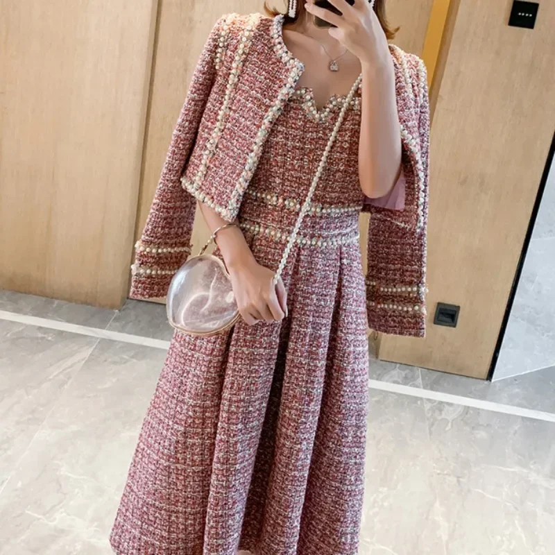 Vintage engrossar tweed jaqueta + miçangas vestido feminino inverno outono elegante 2 peça define feminino pista design vestido conjuntos