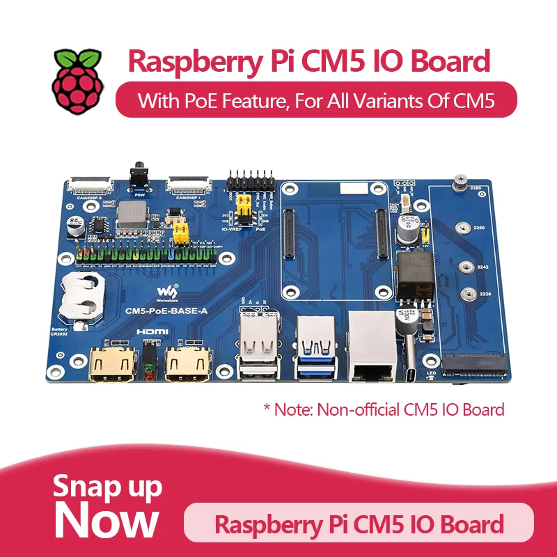 Waveshare Raspberry Pi Compute Module 5 IO Board With PoE Feature, For All Variants Of CM5