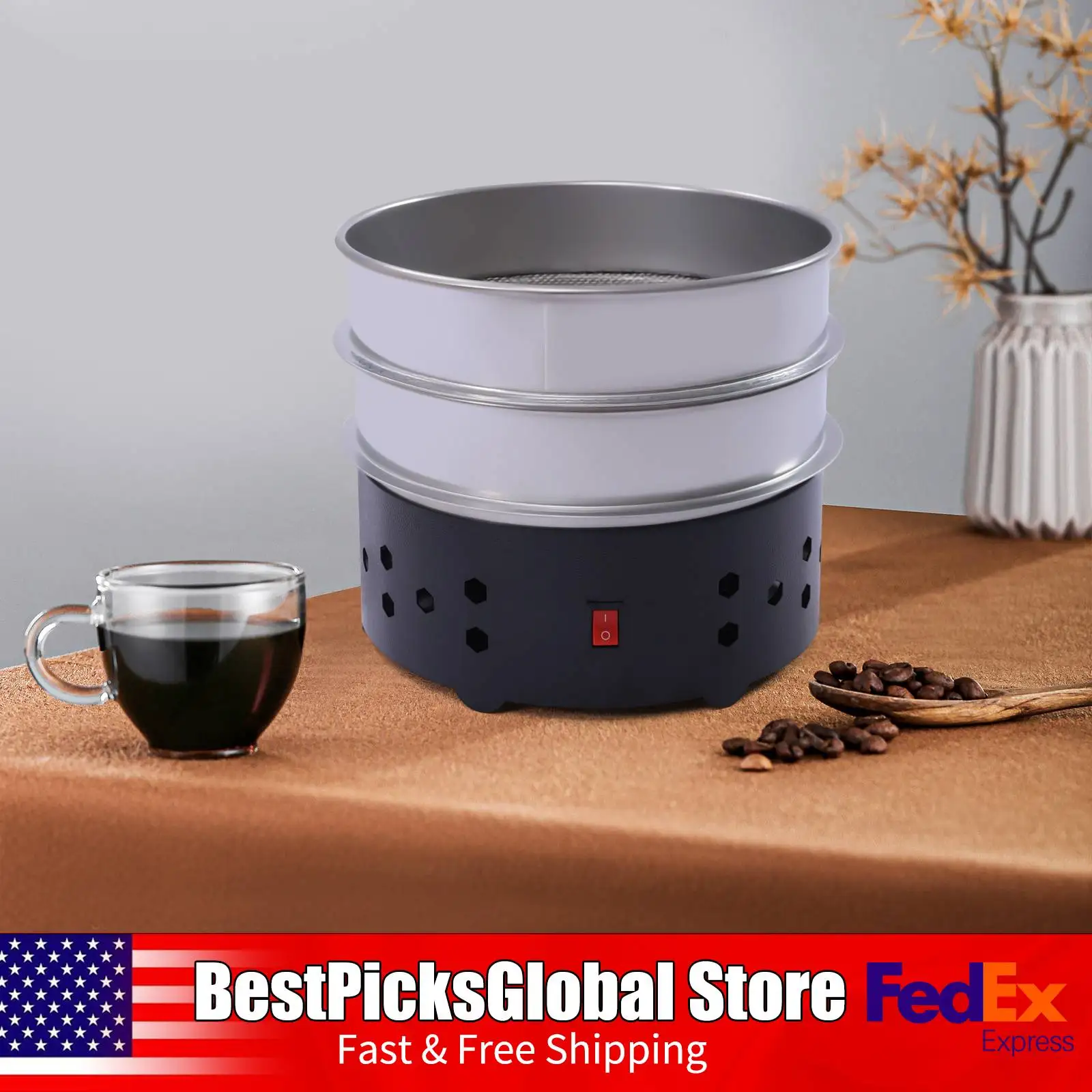 34W Double Layers Coffee Bean Cooler, 600g Electric Coffee Beans Cooling Machine, Black, Chaff Collector for Home Roasting, 110V