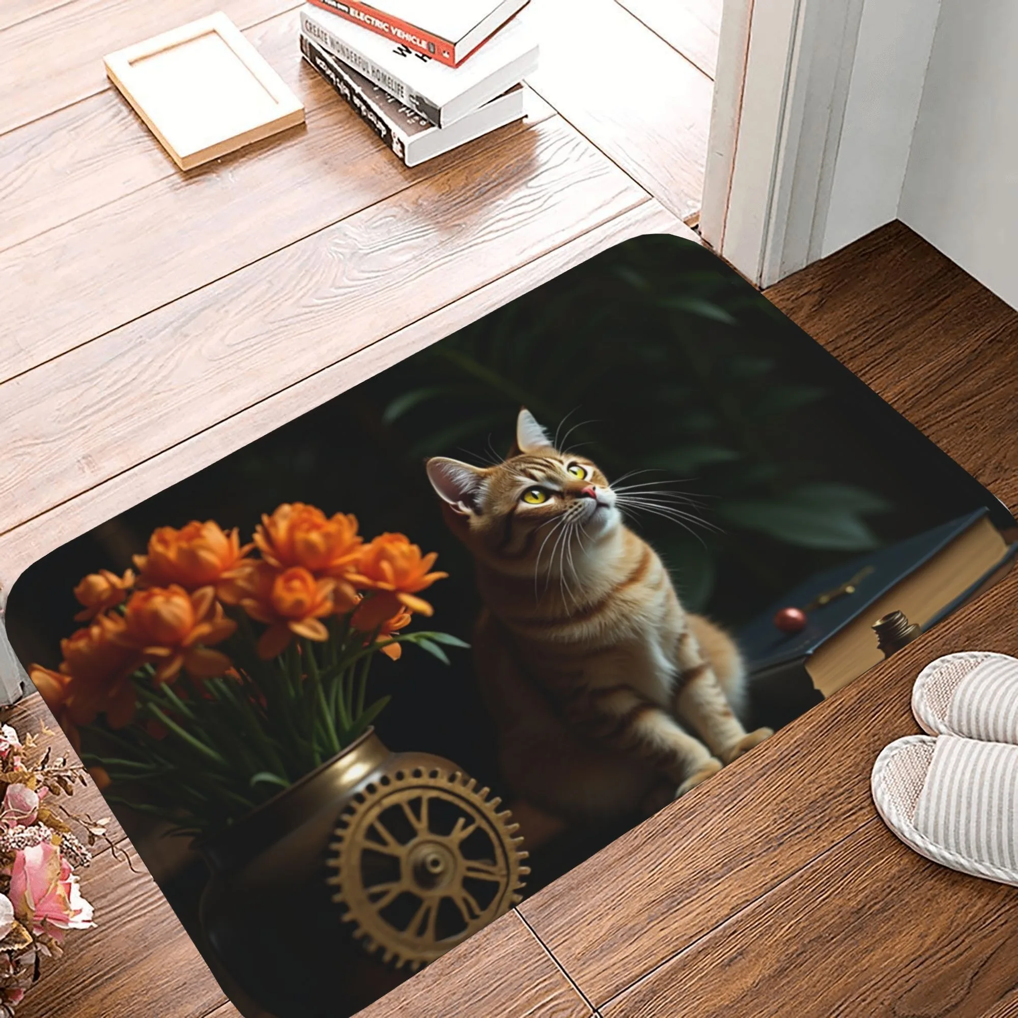 

1PC Cat & Floral Vignette Kitchen Rug Non-Slip Door Mat Pop design Bathroom Rug Bath Mat Carpet for Home Sink Laundry Decor