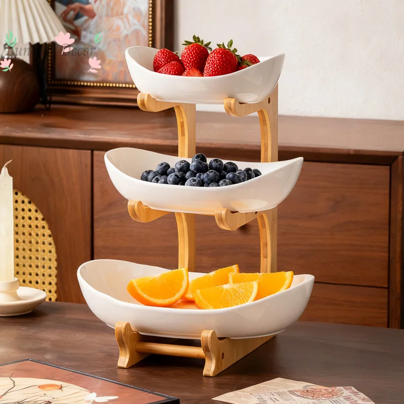 Creative 3-Tier European Ceramic Snack & Candy Tray with Bamboo Frame for Household