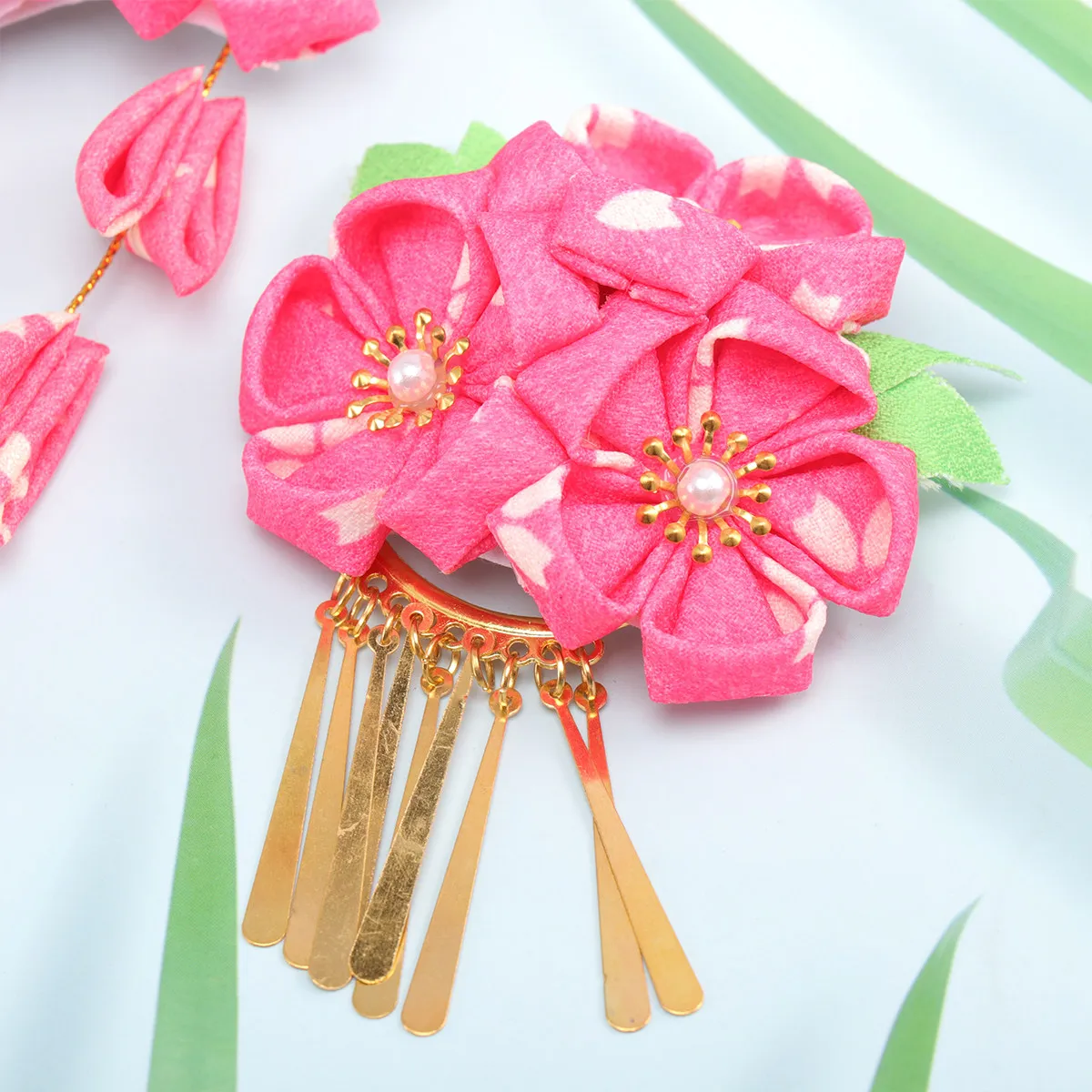 

2Pcs Floral Headband Japanese Style Bright Pink Fabric Metal Hair Accessories for Women Fashion Hair Decor Elegant Charm