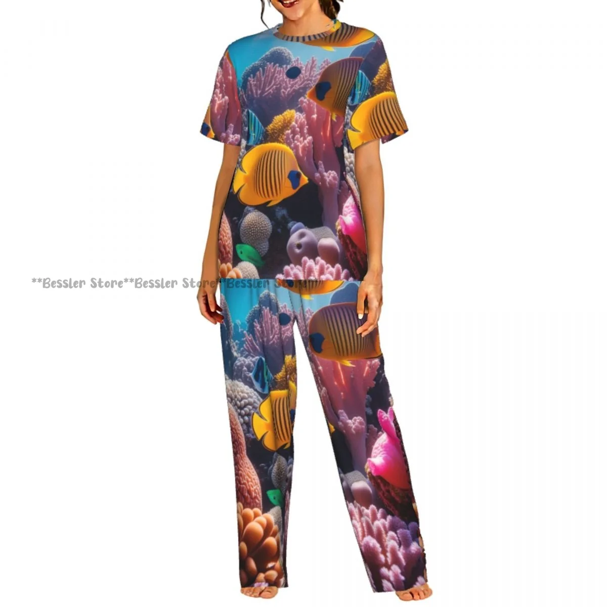 

Women's Comfort Pajamas Women's Tropical Fish Underwater World Landscape Short Sleeve Set Sleepwear