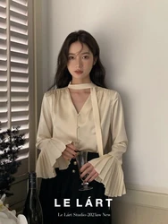 Temperament Flare Sleeve Ribbon Shirt Blouse Women Blusas Femininas Elegantes V Neck Tops Chemise Femme Slim Korean Shirts