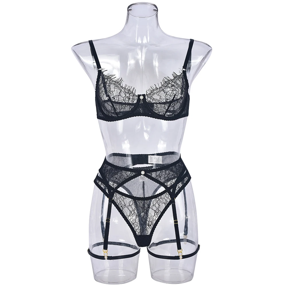 Womens Bras G-string Suit Garter Belt Splicing Mesh Sexy Comfortable See-Through Sexy Lingerie Four-Piece Set Porn Sex Costumes