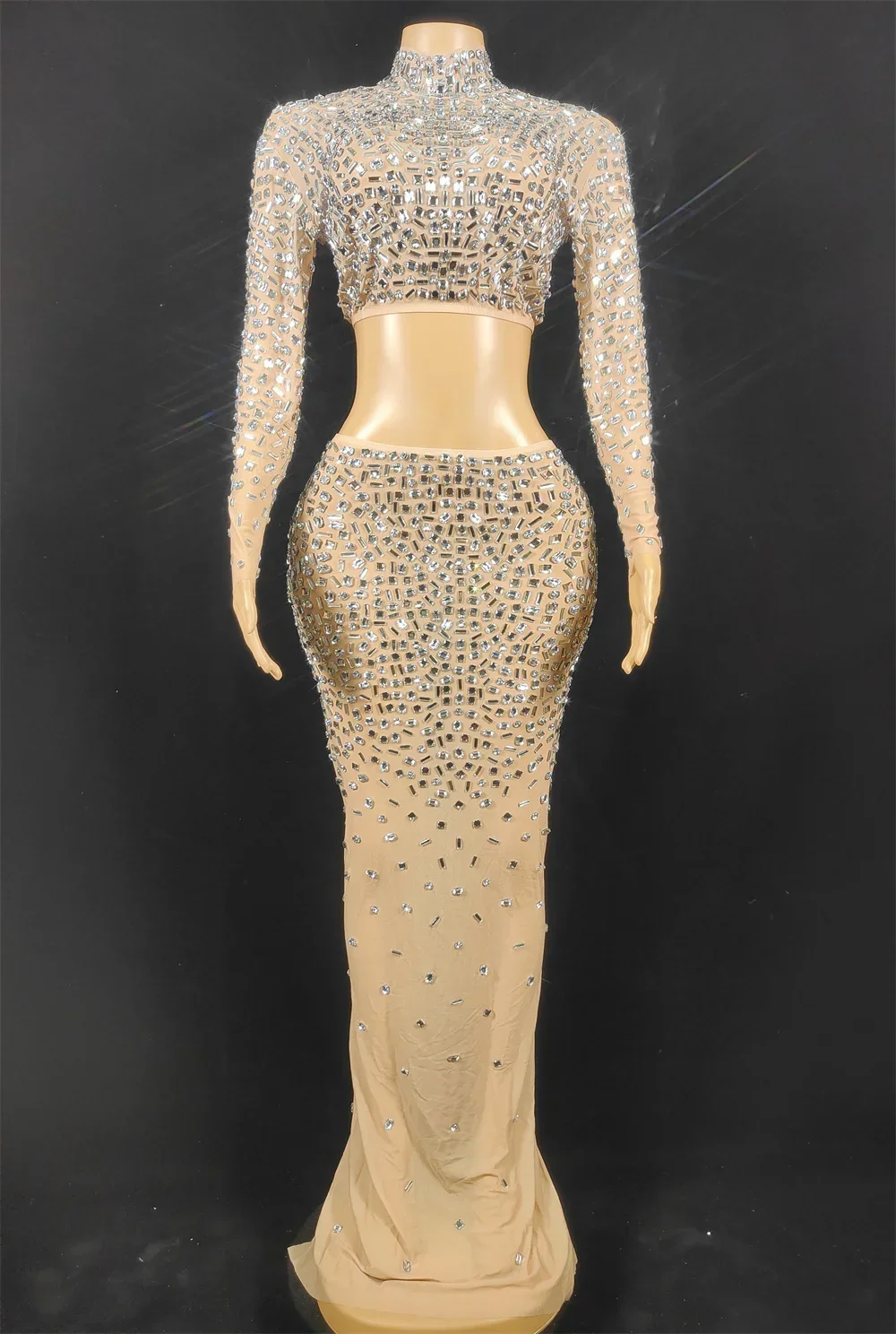 Mulheres brilhantes strass top e saia longa, saia elástica sexy, transparente, comemorar o vestido de baile de noite, vestido de aniversário, 2 peças