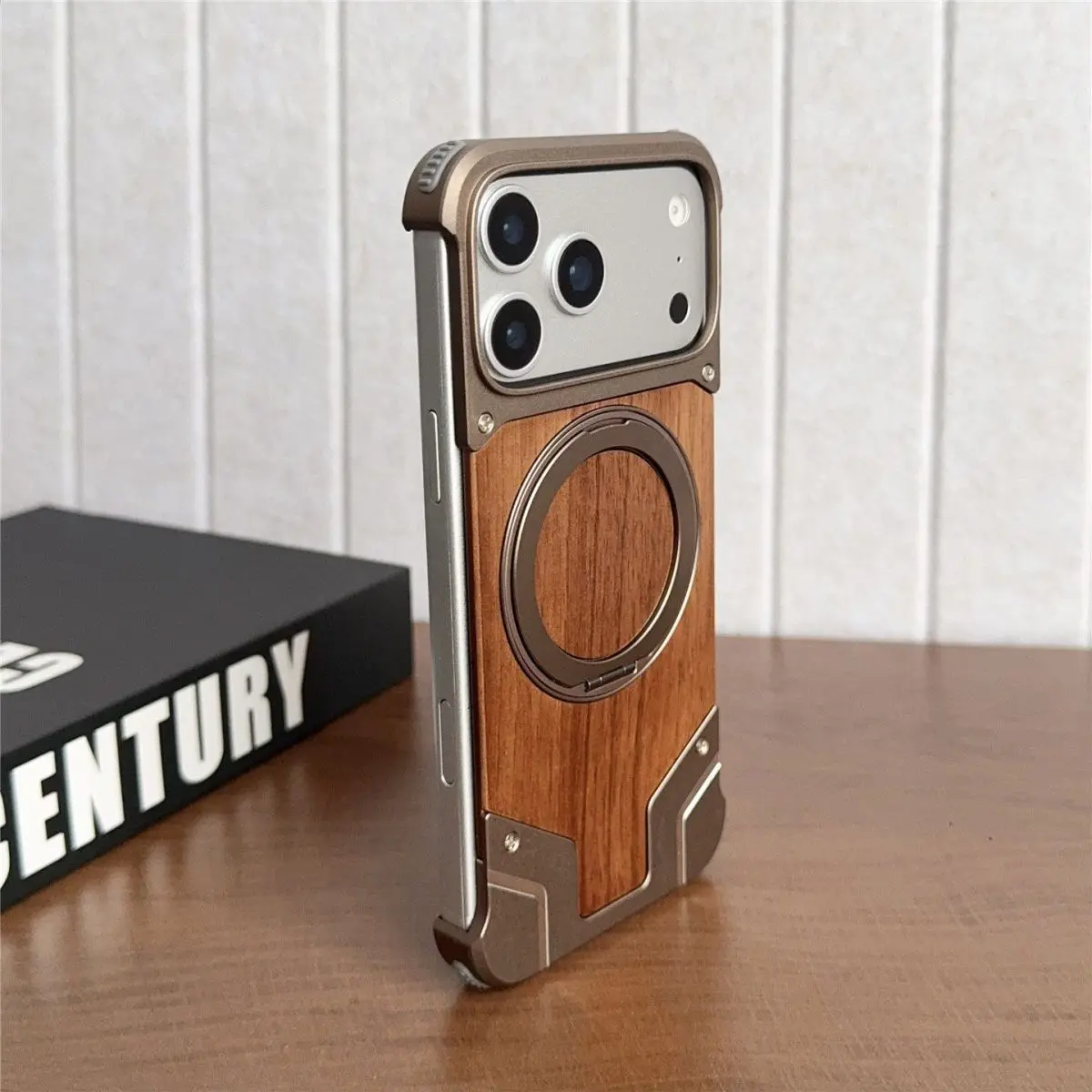 

Suitable for iPhone 17 Pro Max Metal Walnut Aluminum Alloy Magnetic Charging Pro Borderless MAX Stand Phone Case