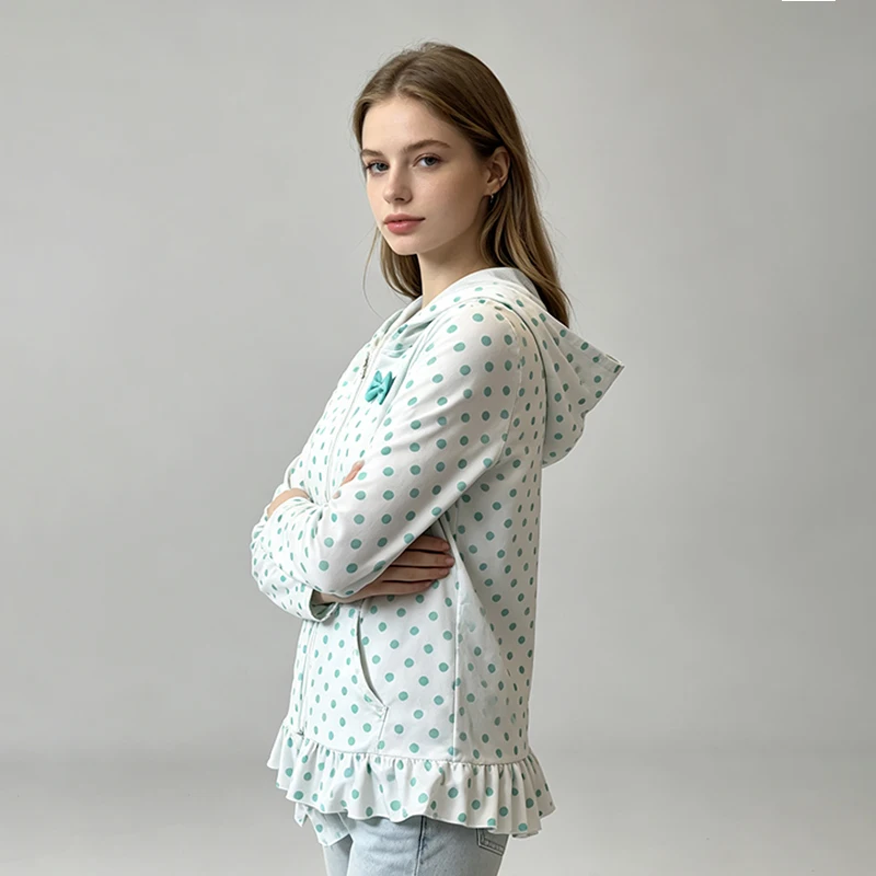 Women's Polka Dot Patterned Hooded Sweatshirt Pleated Edge Hip-Hop Harajuku Style Y2K Autumn Winter Fashion 2026 American Design
