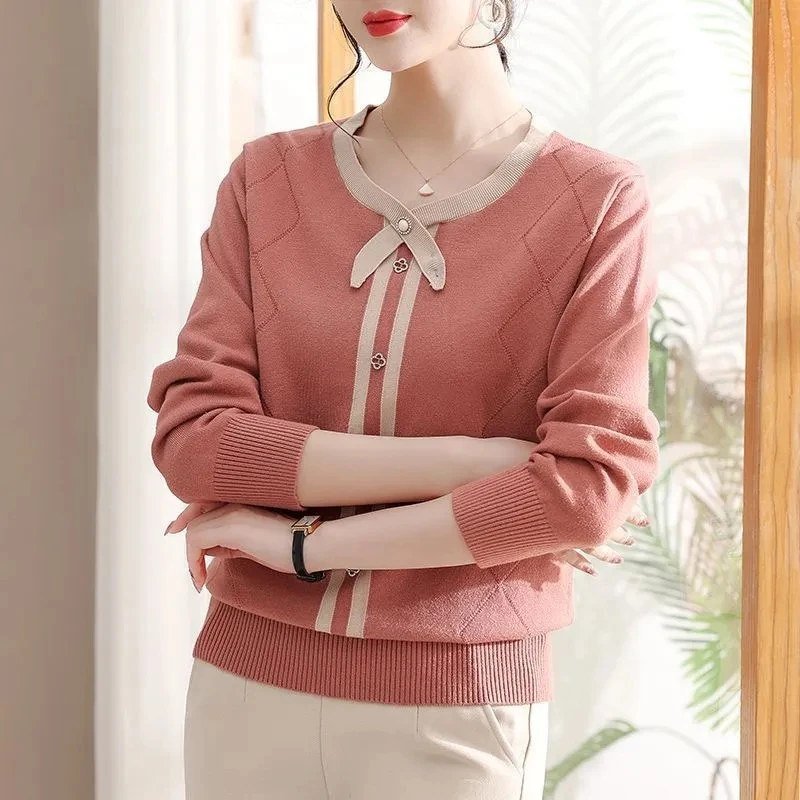 

Women Knitted Sweater Spring Autumn Loose Thin Tops Female Mother Elegant Pullover Jumper New O-Neck Knitwear Mujer