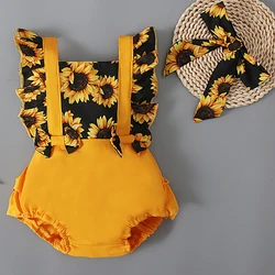 Newborn Infant Girl Set Jumpsuit Bodysuit+Headband Ruffle Sleeve Baby Romper Sunflower Birthday Party Children Clothes A598