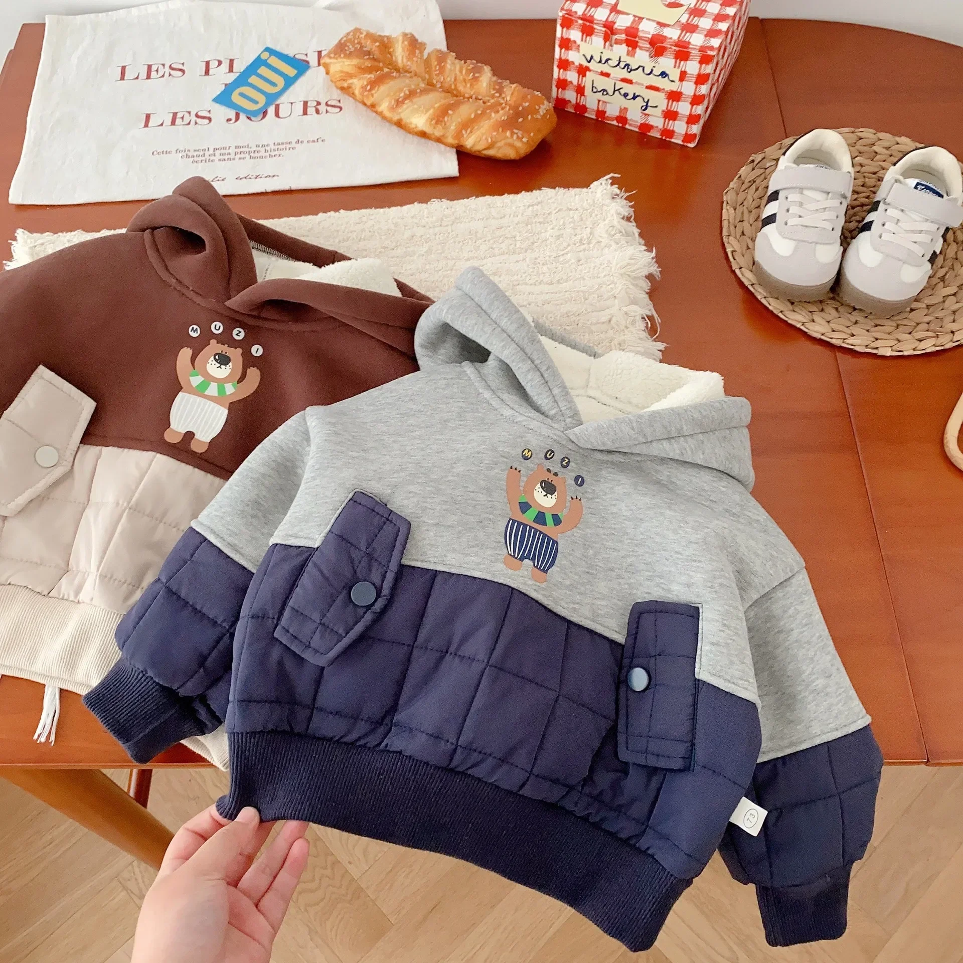 Winter Kids Baby Boys Full Sleeve Hooded Colorblocking Thicken Warm Cartoon Bear Sweatshirts Children Fashion Clothing Coat 0-5Y