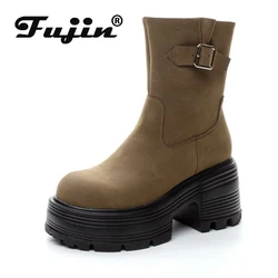 Fujin 9cm syntetyczne oryginalne skórzane buty na koturnie kostki wiosna kolana wysokie modne jesienne brytyjskie botki ZIP buty damskie