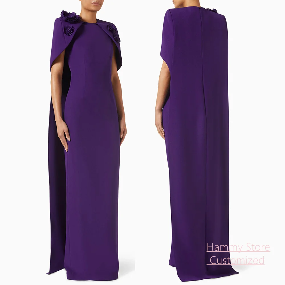 

Modern Evening Dress with Cape Customized O Neck handmade Flowers Back Slit Floor Length Arabian Prom Gown Formal Dresses