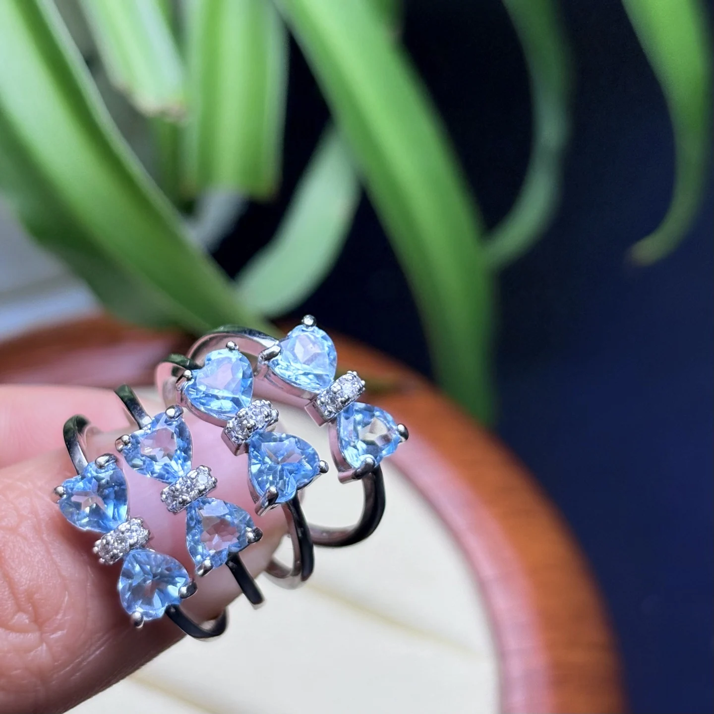 

1 Pc Fengbaowu Natural Blue Topaz Heart Ring 925 Sterling Silver Bowknot Reiki Healing Stone Jewelry Gift