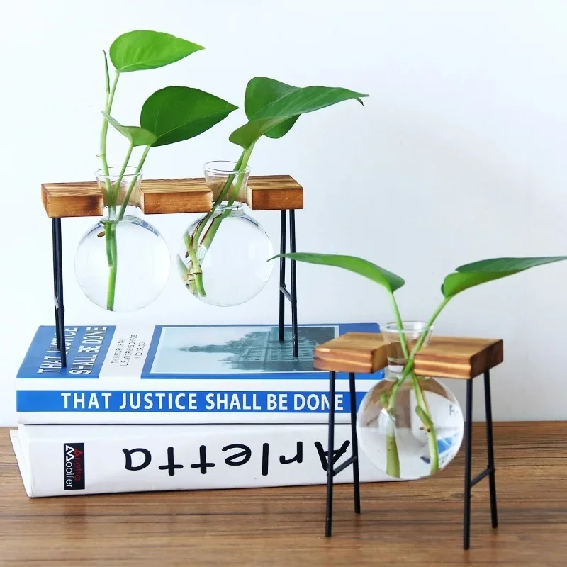 

Glass Bottle Vase Hydroponic Plant Transparent Vase Wooden Frame Coffee Shop Room Decor Table Desk Decoration Vase terrarium