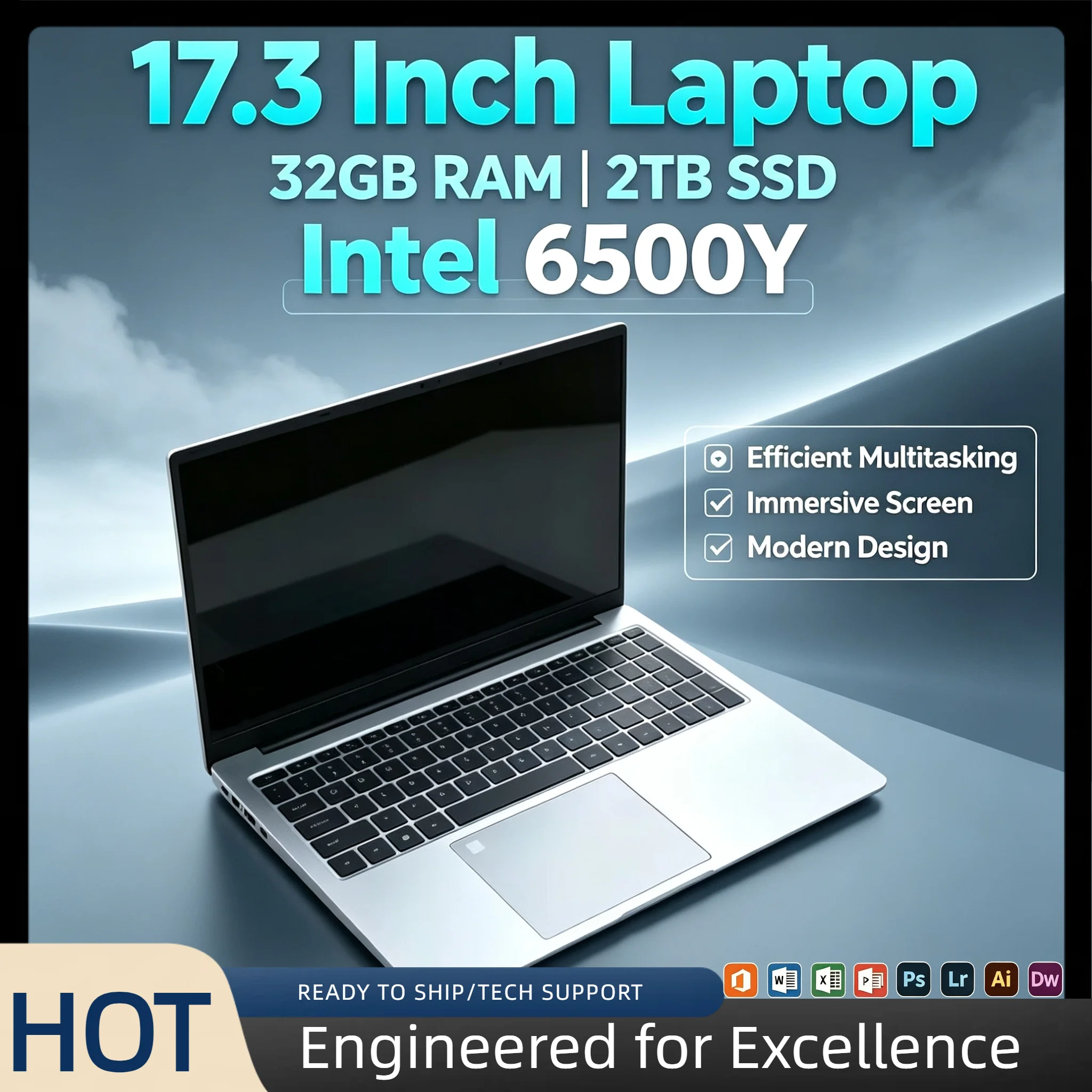 Intel 6500Y 17.3 Inch Full Size Laptop 32GB RAM 2TB SSD Fingerprint Unlock High Performance Work Gaming Notebook Pro