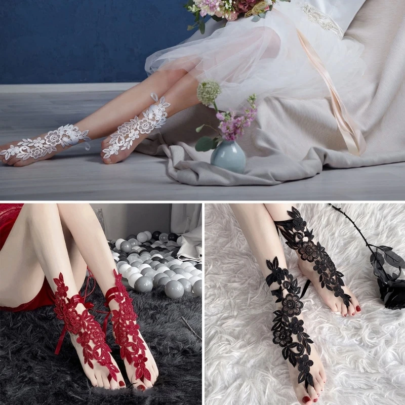 Hollow Flower Embroidery Anklet with Toe Ring Sexy Lace Barefoot Sandals Vintage Wedding Foot Ankle Women Foot Jewelry