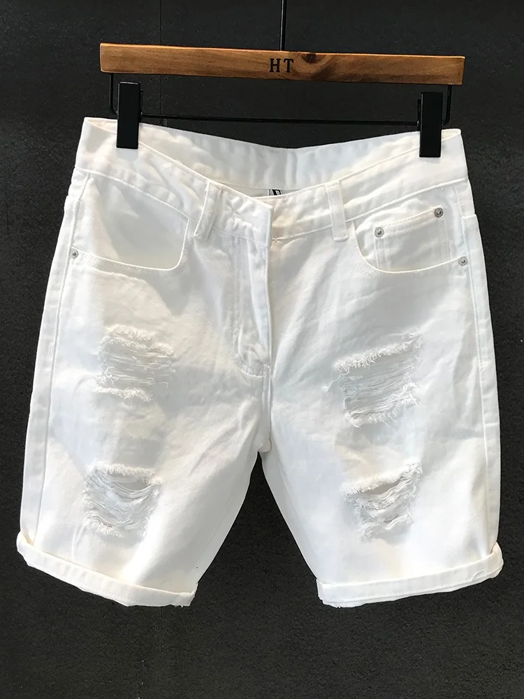 

Модные белые рваные джинсы-шорты для мужчин, повседневные летние брюки-пятишорты, прямые джинсы со средней посадкой на талии, застежка-молния
