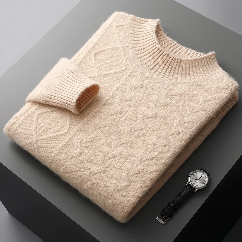 Autumn and winter new cashmere sweater men's semi-high neck thick jacquard pullover fashion loose pure wool knit bottoming shirt