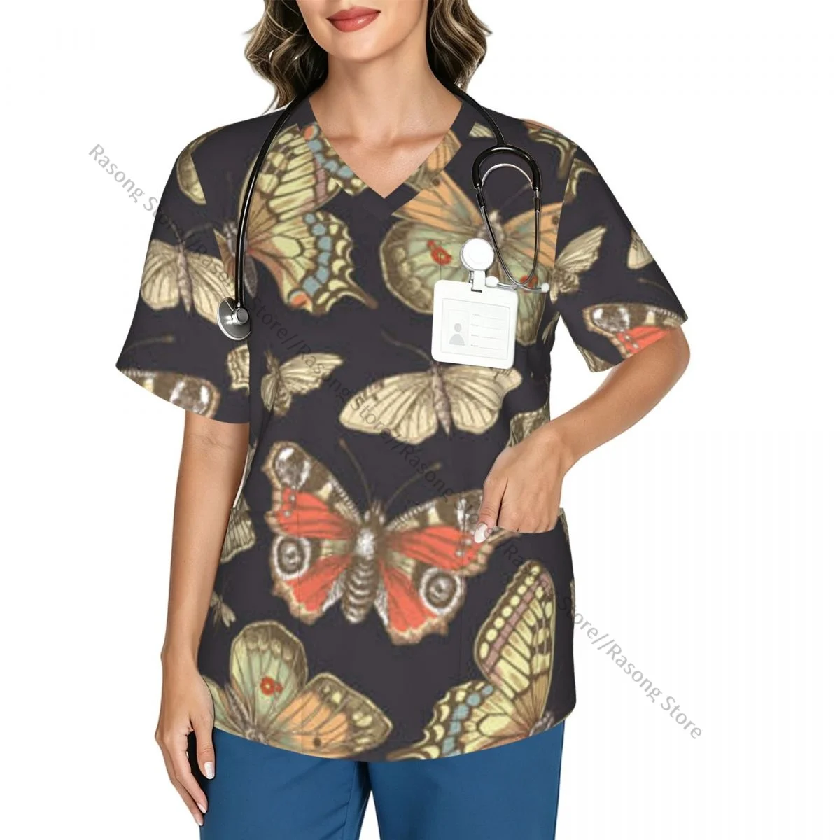 Women's Medical Scrub Top V Neck Short Sleeve Butterfly Moths Mosquito Stretch Nursing Uniform for Hospital Clinic
