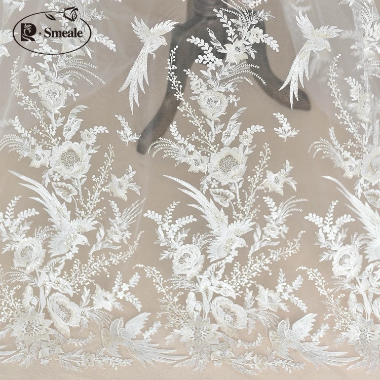 Beautiful Flower Bird Embroidered Lace Fabric, Romantic Wedding Sequins, DIY Dress, High-Quality, RS1639