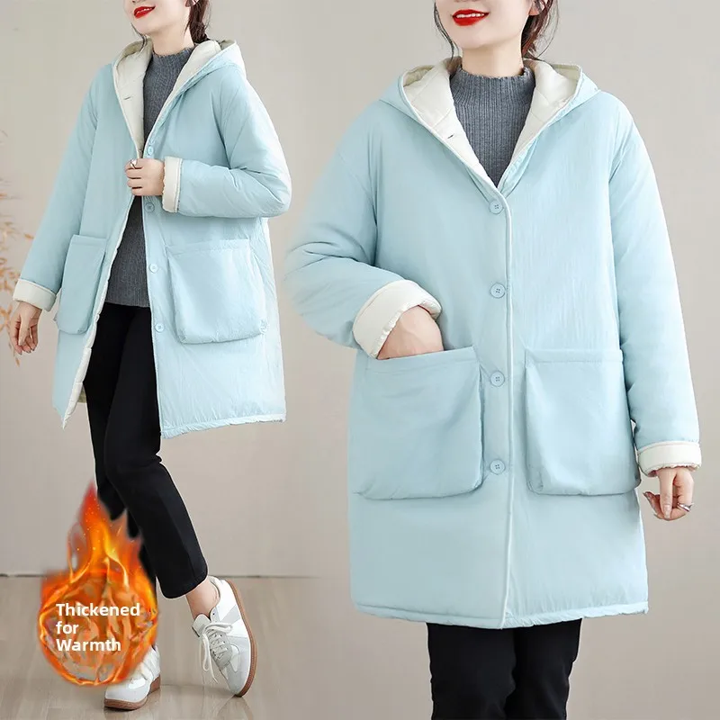 

Women's Mid-Length Thickened Cotton Jacket Winter Warm Casual Loose Style Anti-Aging Fashionable Cotton Coat with Hood