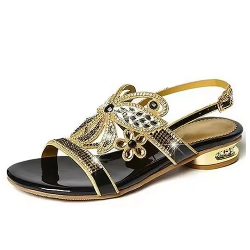 Sandals  Black Shoes for Women Anti-Skid Large Size Clogs Wedge All-Match 2024 Summer Medium Rhinestone