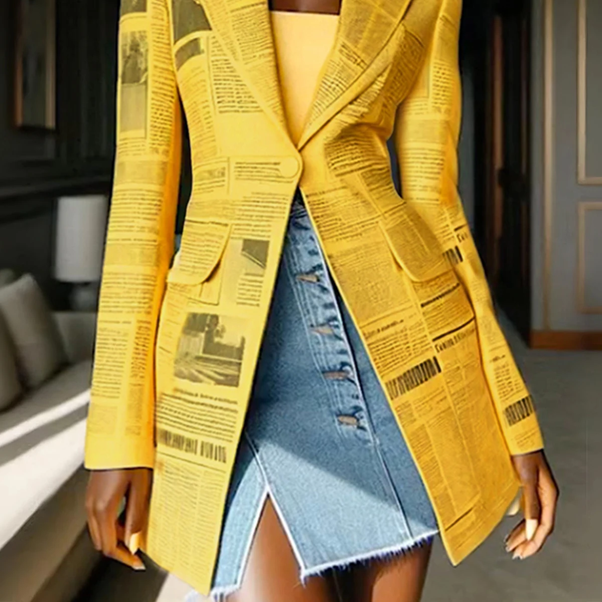 2026 New Spring Women Trendy Newspaper Printed Notched Lapel Blazer Jacket Long Sleeves Loose Fit Street Style Y2K Outerwears view 3