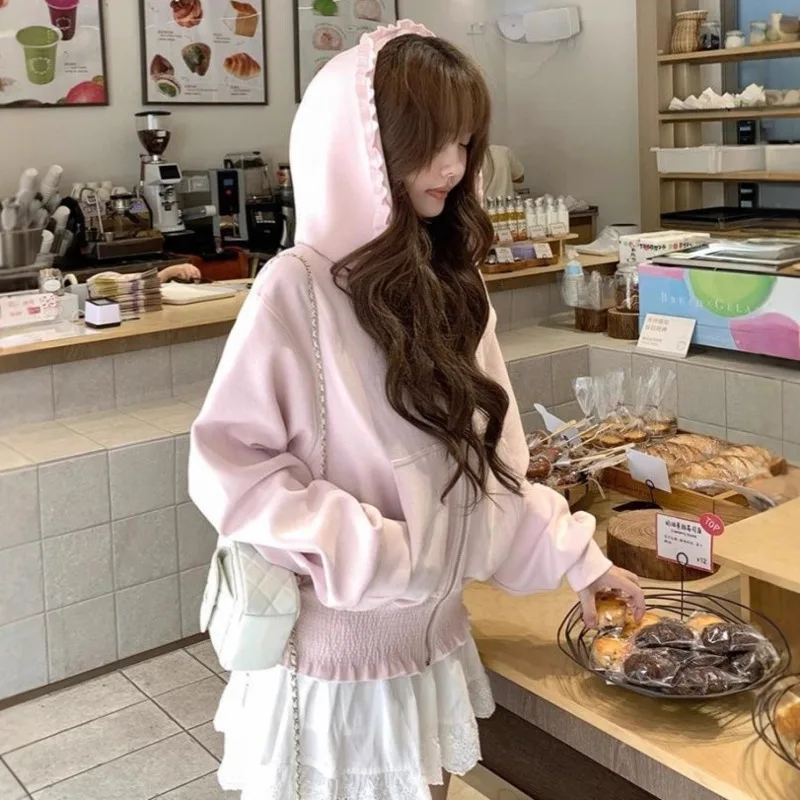 Lace Y2K Pink Hoodie Sweet Women Ruffle Hooded Sweatshirt Korean Fashion Loose Top Spring Autumn Casual Streetwear Jacket New