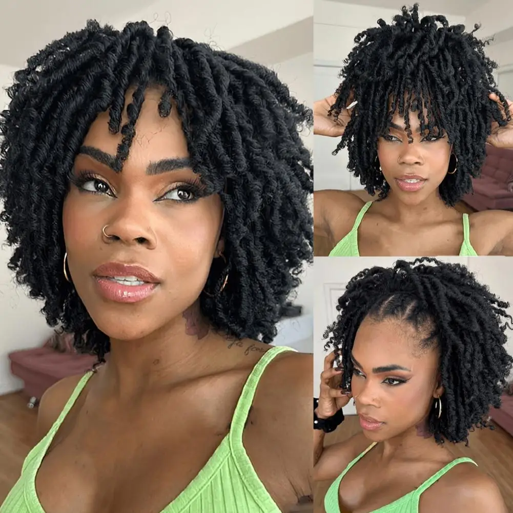 Women Afro Dreadlock Curly Wig with Bangs Fluffy Natural Looking High Temperature Fiber Ladies Short Synthetic Hair